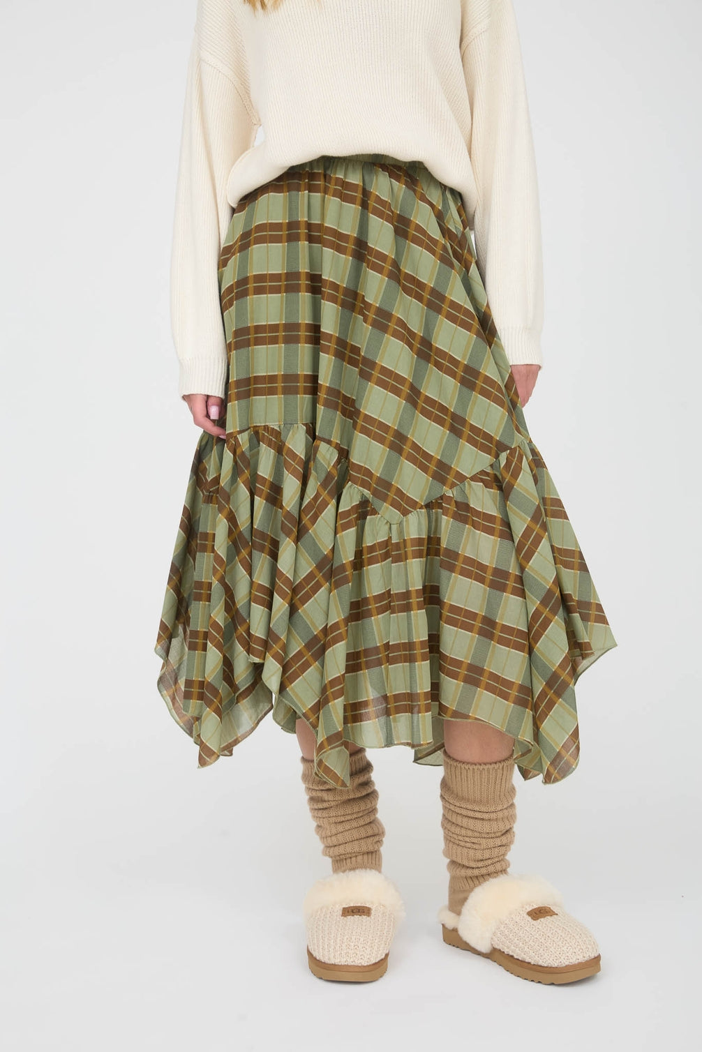 Olive Plaid Midi Skirt