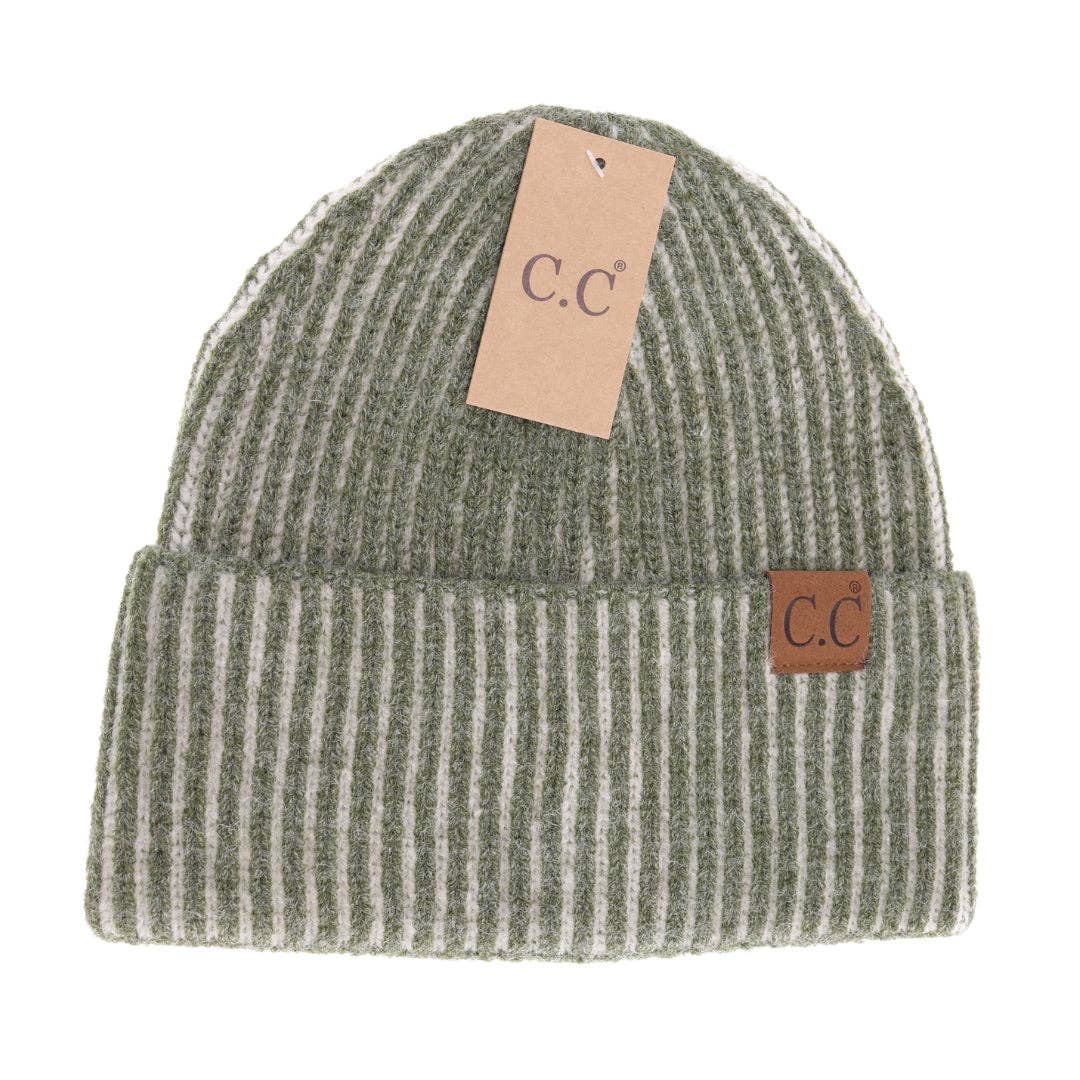 Olive Striped CC Beanie