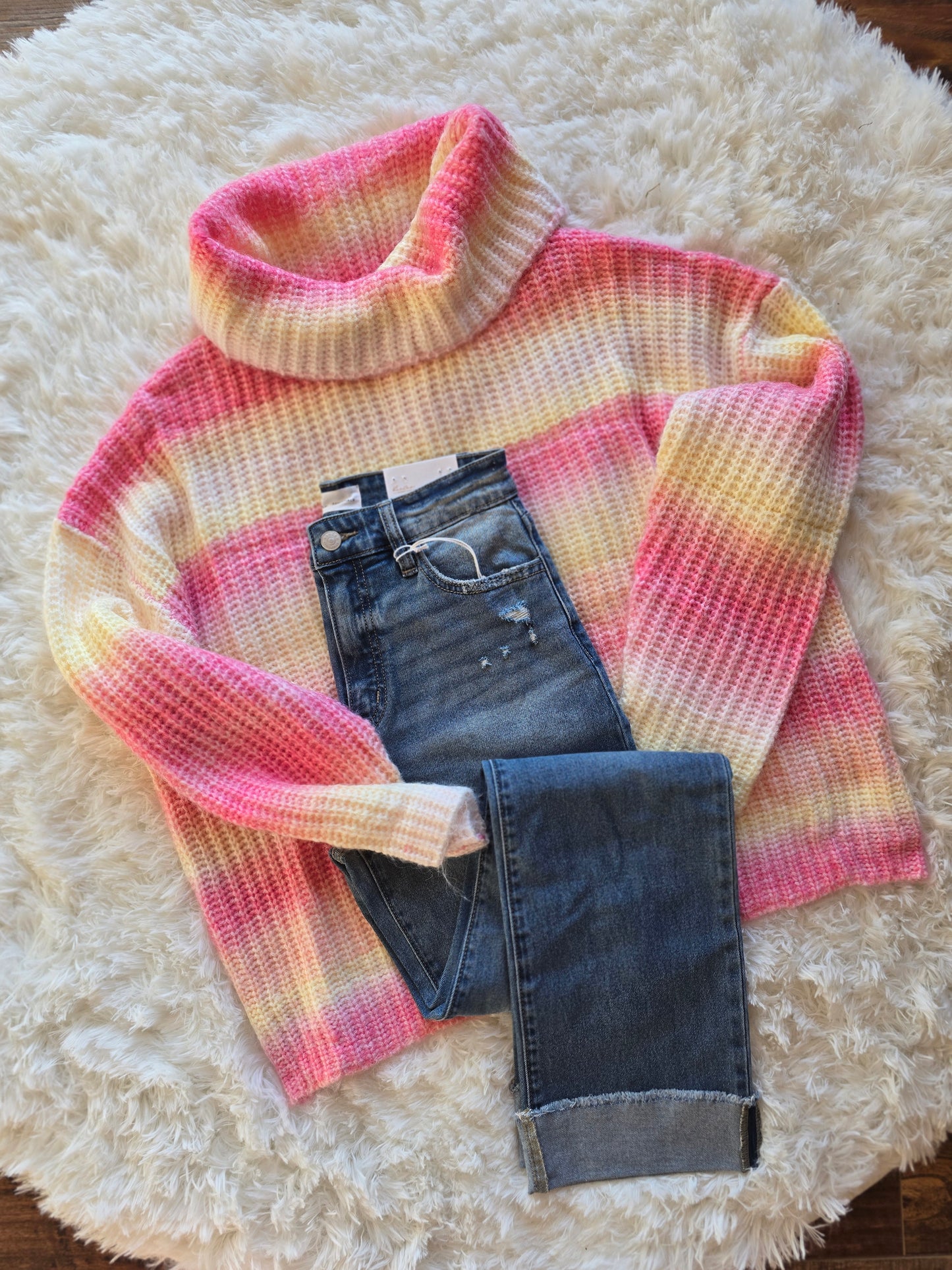 Pink/Yellow Cowl Neck Sweater