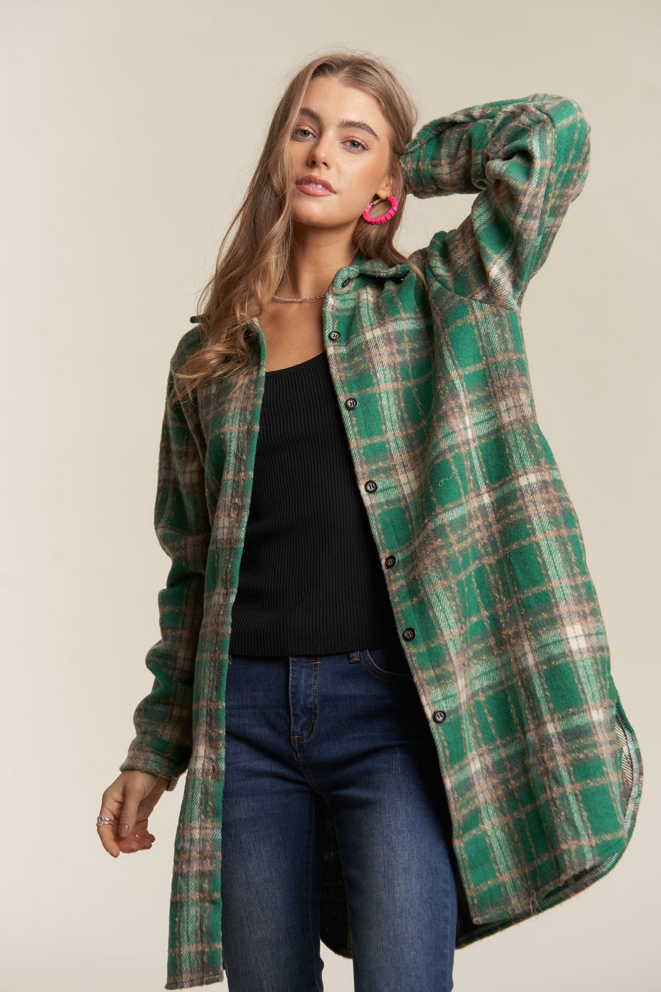 Green Long Plaid Shacket