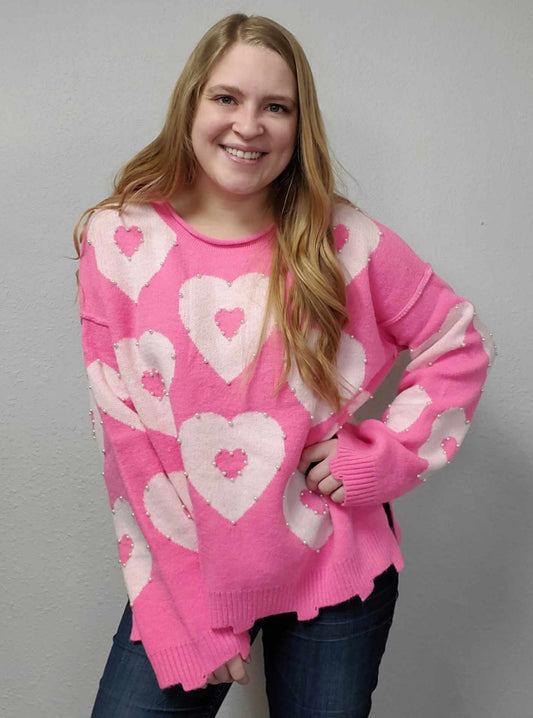 Oversized Pearl Beaded Heart Sweater