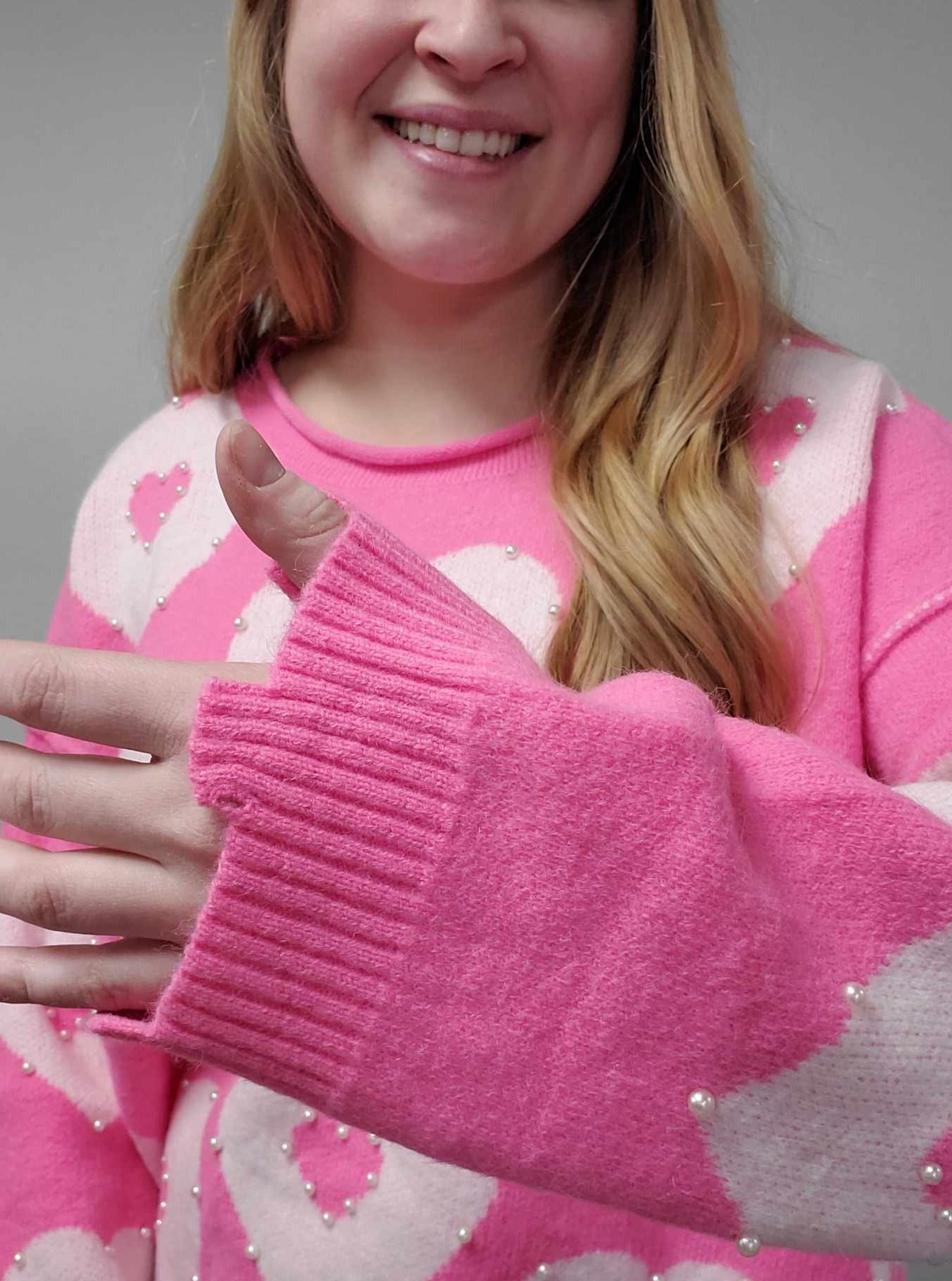 Oversized Pearl Beaded Heart Sweater