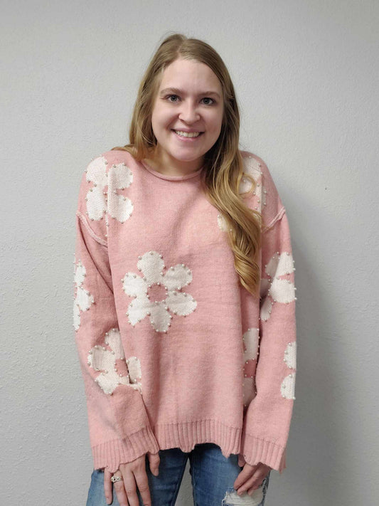 Oversized Pearl Beaded Floral Sweater