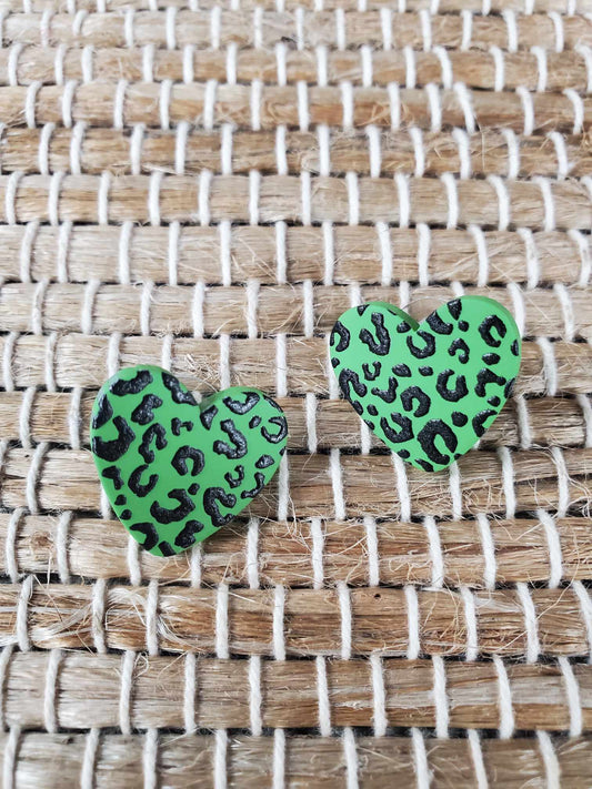Green Leopard Heart Earrings