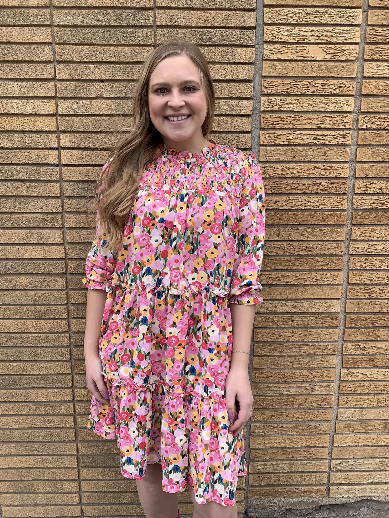 3/4 Sleeve Tiered Floral Smocked Dress