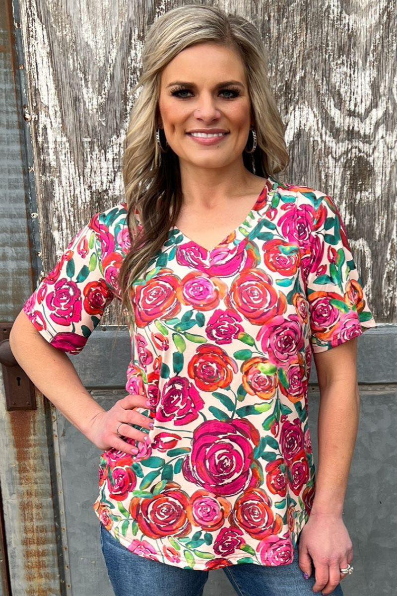 Watercolor Floral V-Neck Tee