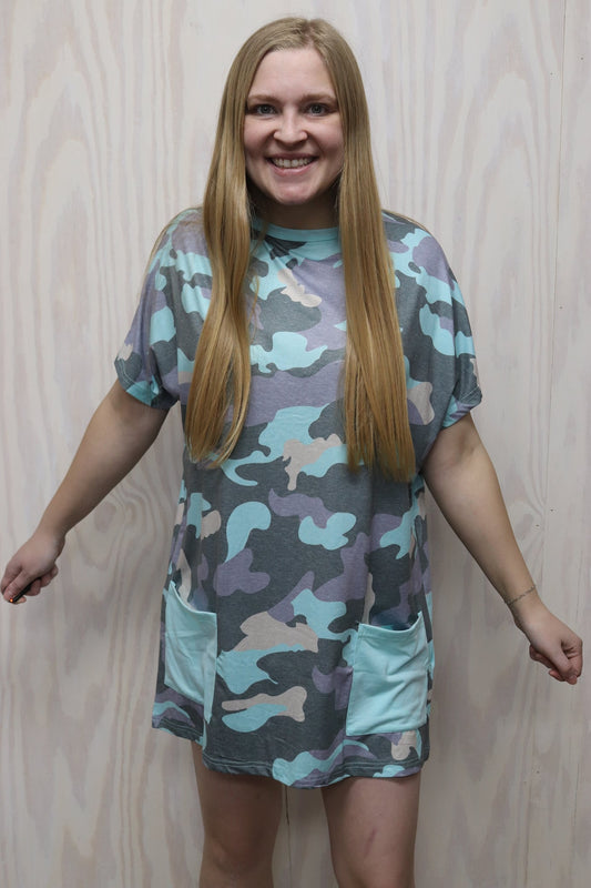 Teal Camouflage T-shirt Dress