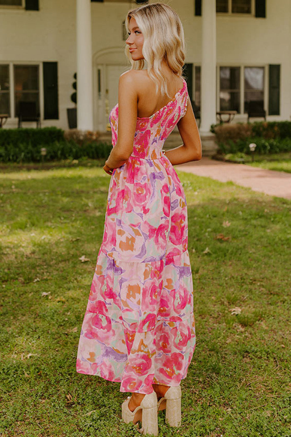 Pink Floral One Shoulder Maxi Dress