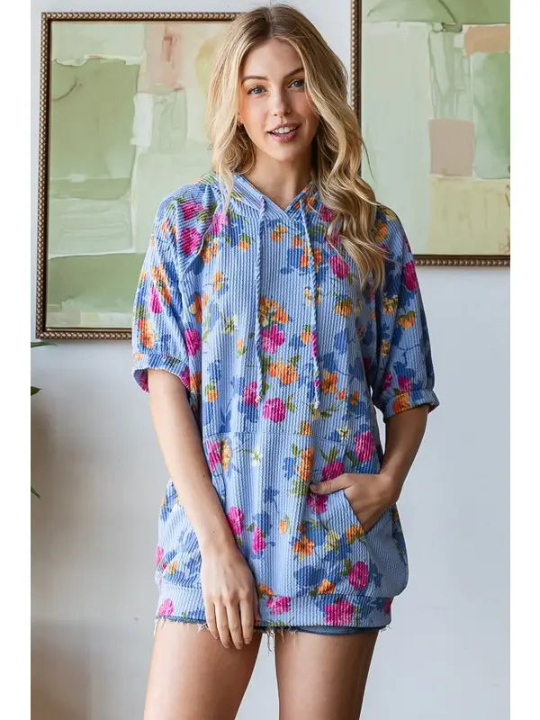 Blue Floral Ribbed Hoodie Top