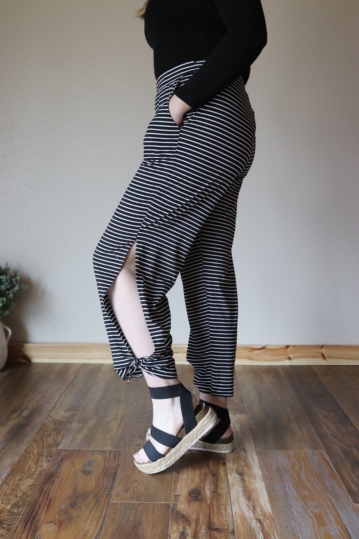 Black Striped Ankle Tie Pants