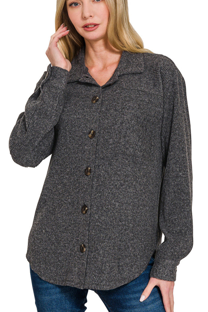 Black Brushed Ribbed Button Up