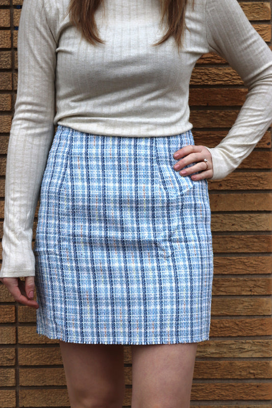 Blue Tweed Plaid Skirt
