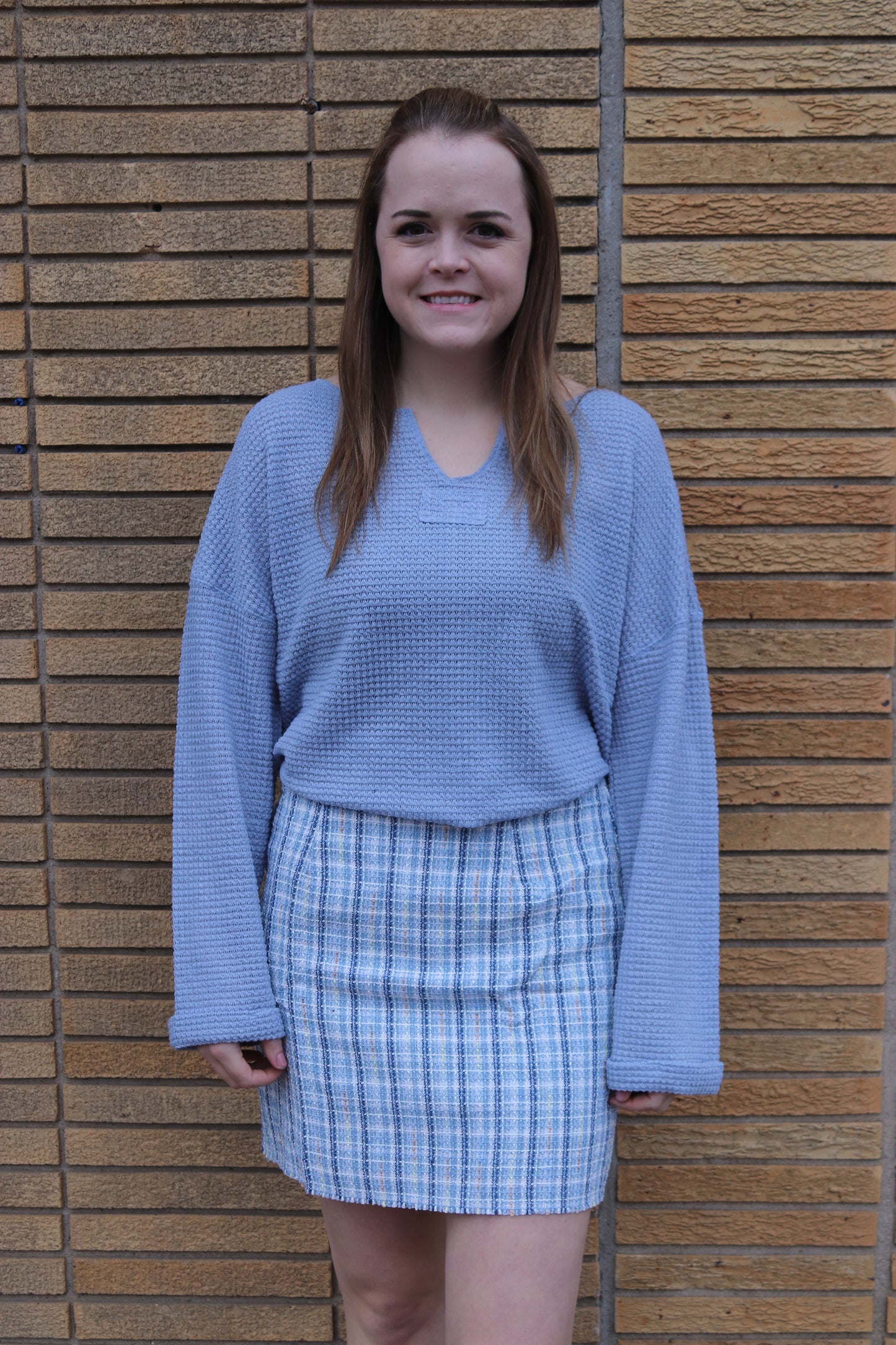 Blue Tweed Plaid Skirt