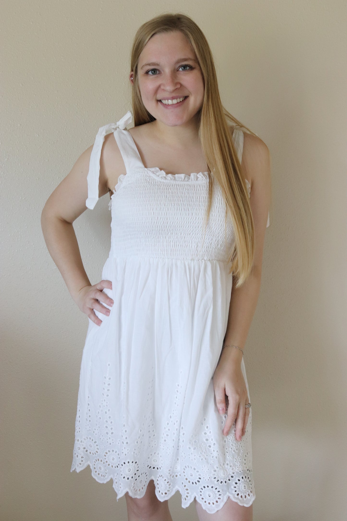 White Smocked Eyelet Dress