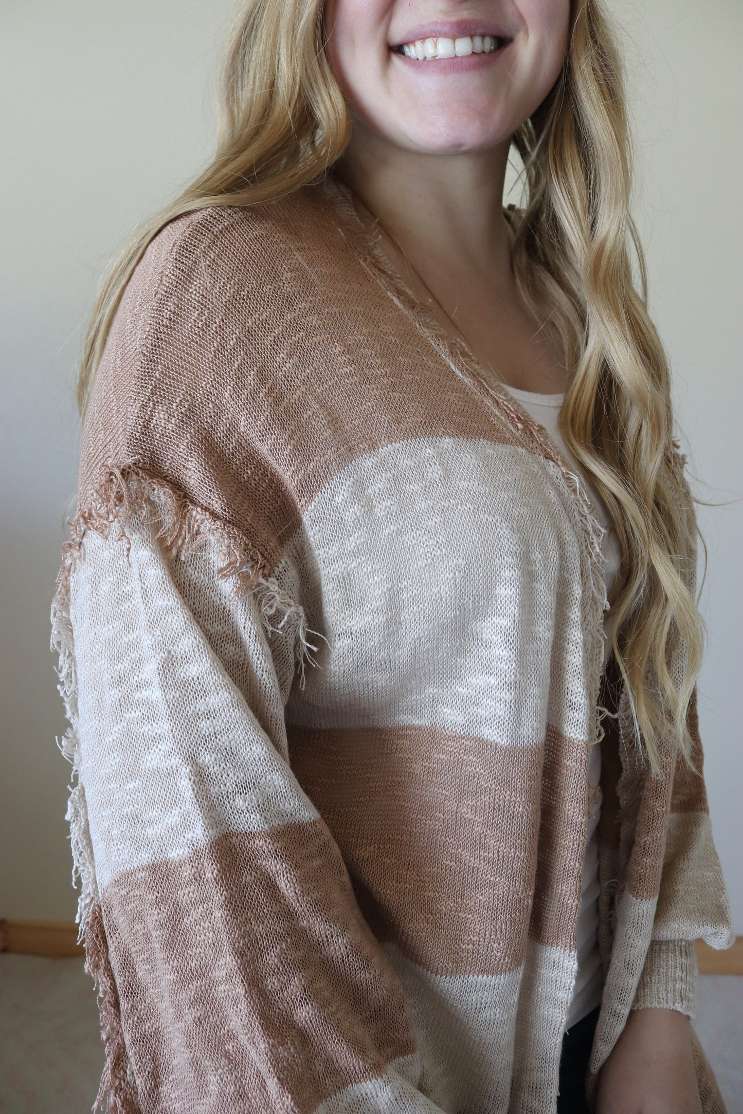 Khaki Stripe Fringe Cardigan