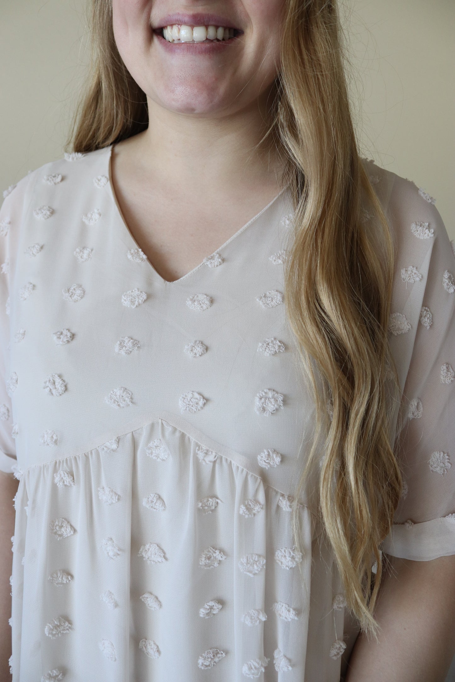 Sand Beige Swiss Dot Babydoll Dress