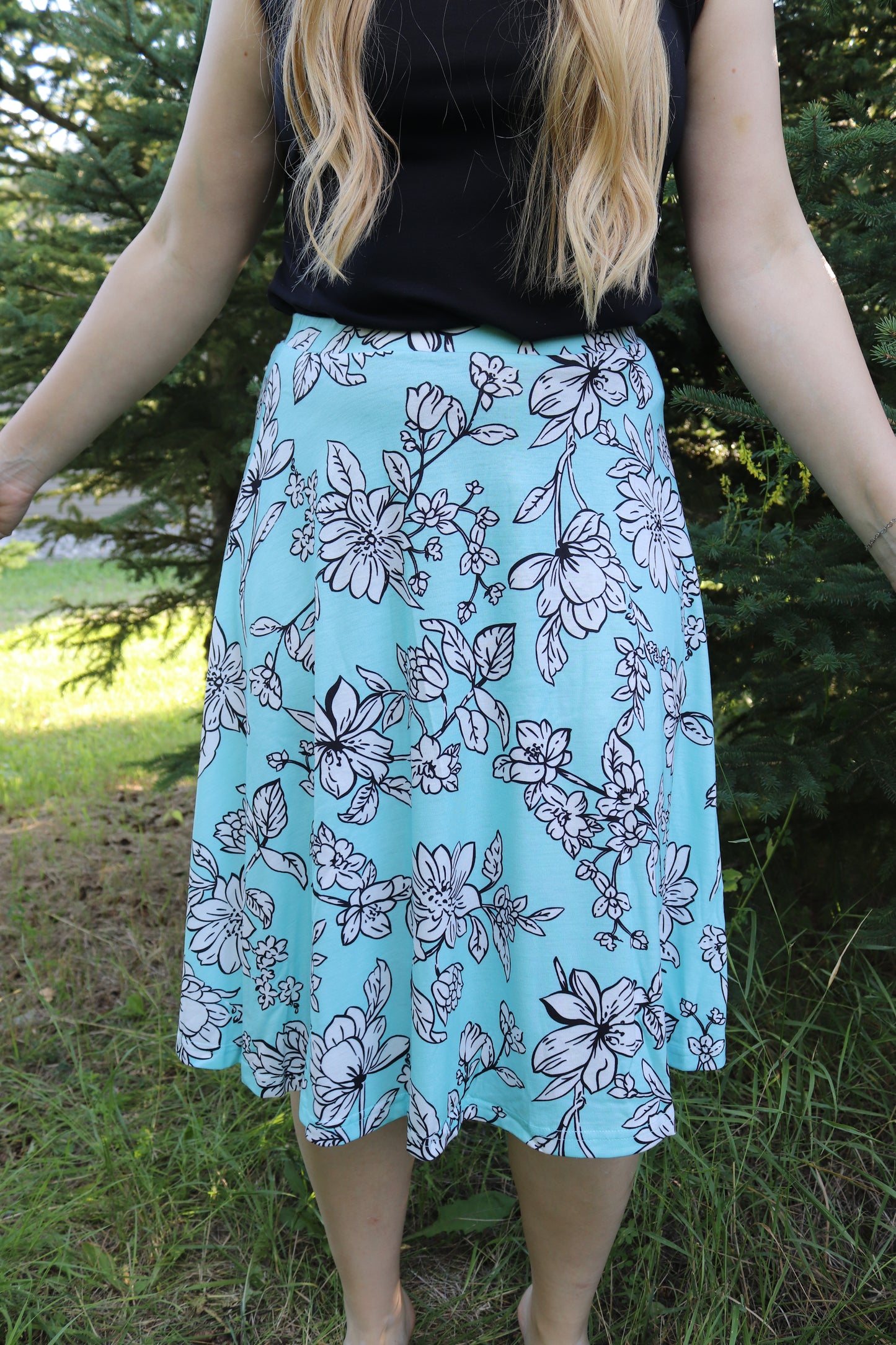 Turquoise Floral A-Line Skirt
