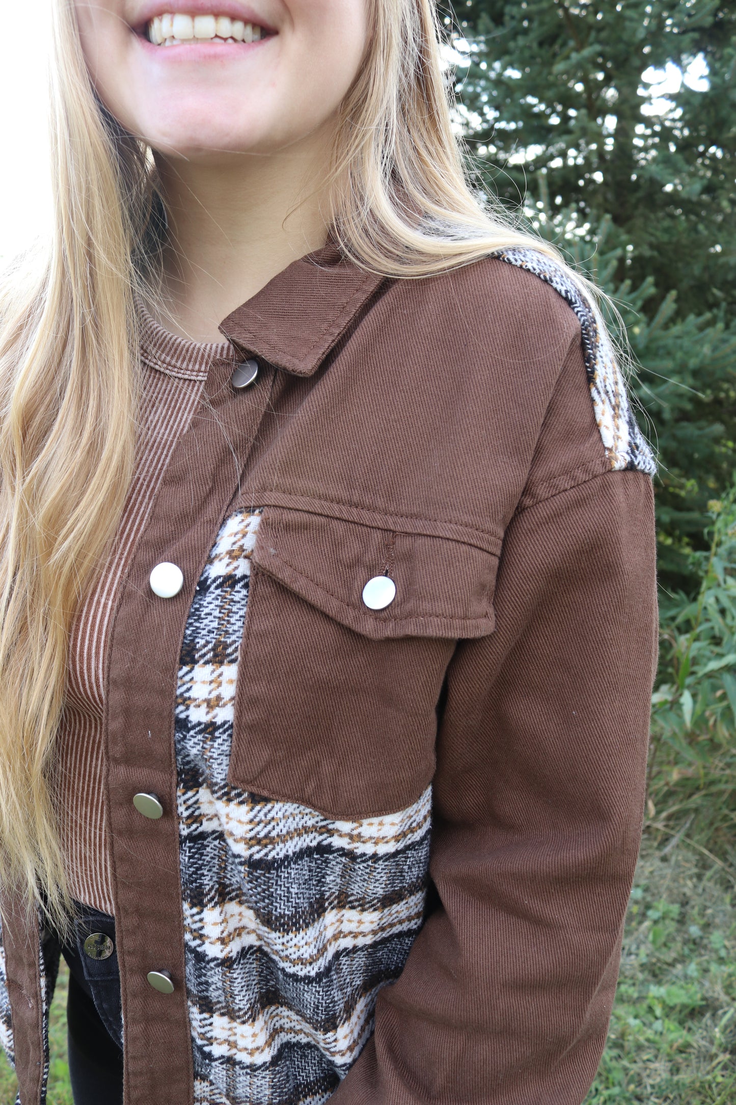 Brown Plaid Patchwork Denim Jacket