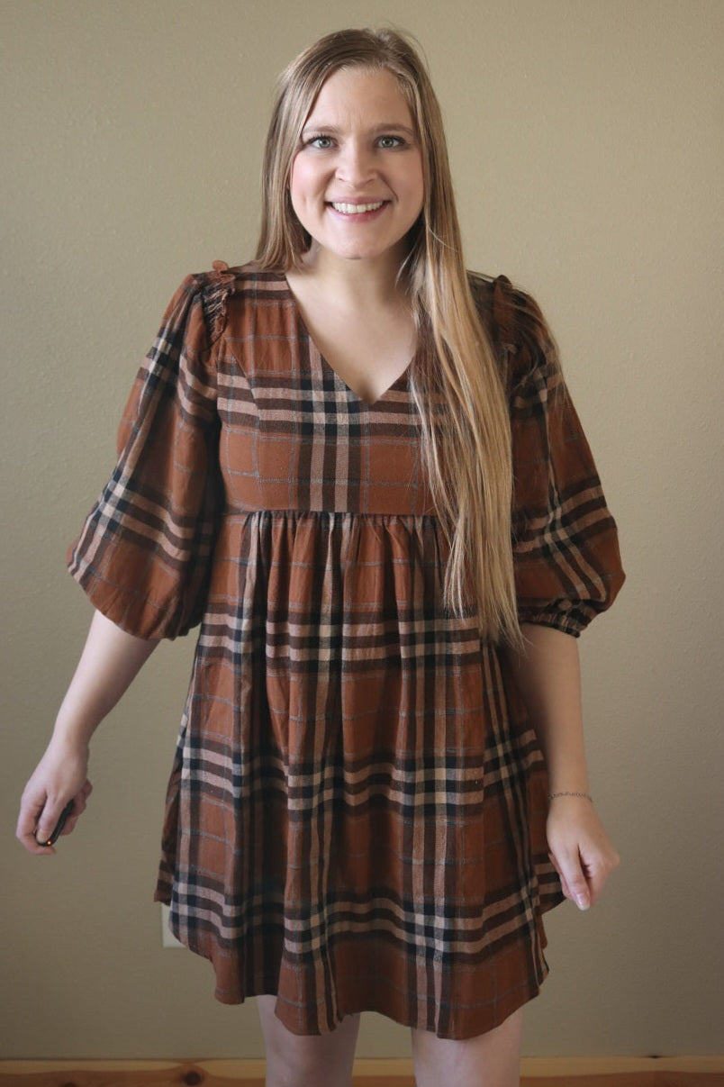 Brown Plaid Babydoll Dress Rustic Coneflower Boutique Brown Plaid Babydoll Dress Rustic Coneflower Boutique