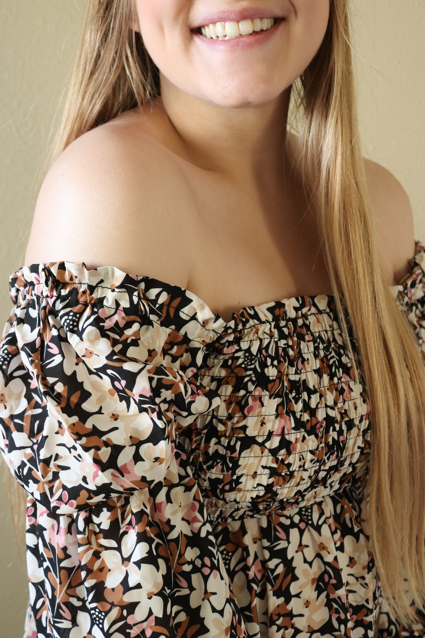 Brown Floral Puff Sleeve Dress