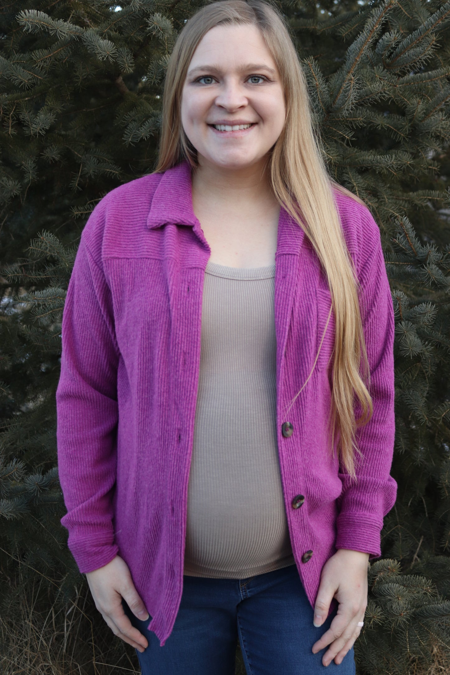 Plum Brushed Ribbed Button Up