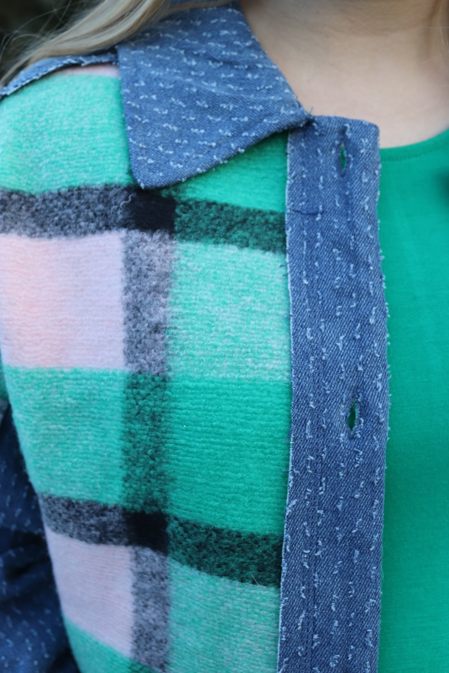 Green Plaid Denim Patchwork Shacket