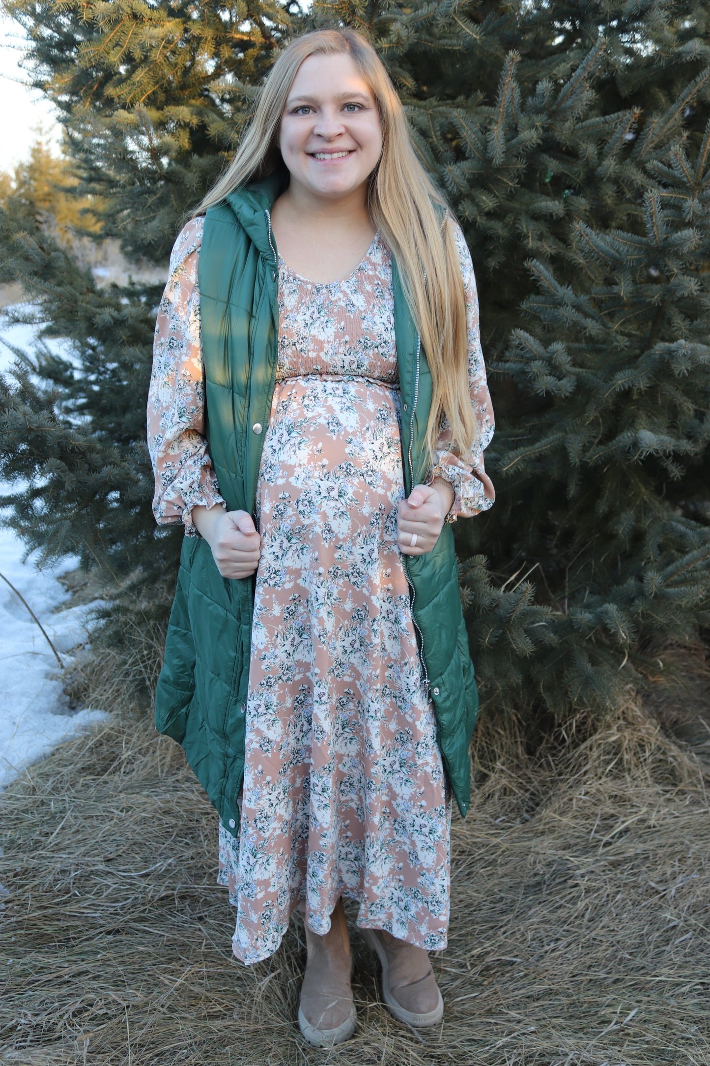 Khaki Floral Smocked Dress