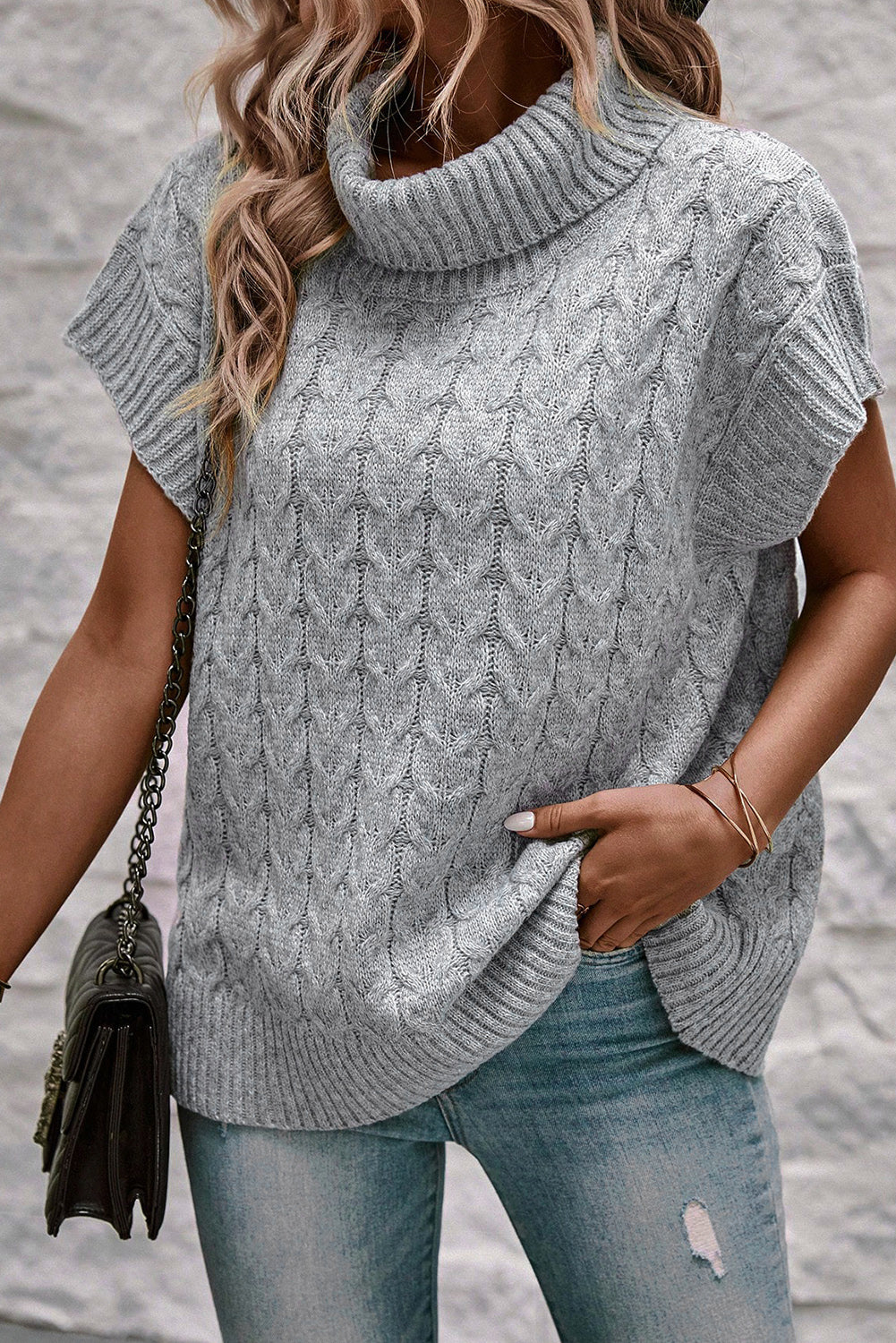 Gray Knit Short Sleeve Turtle Neck Sweater