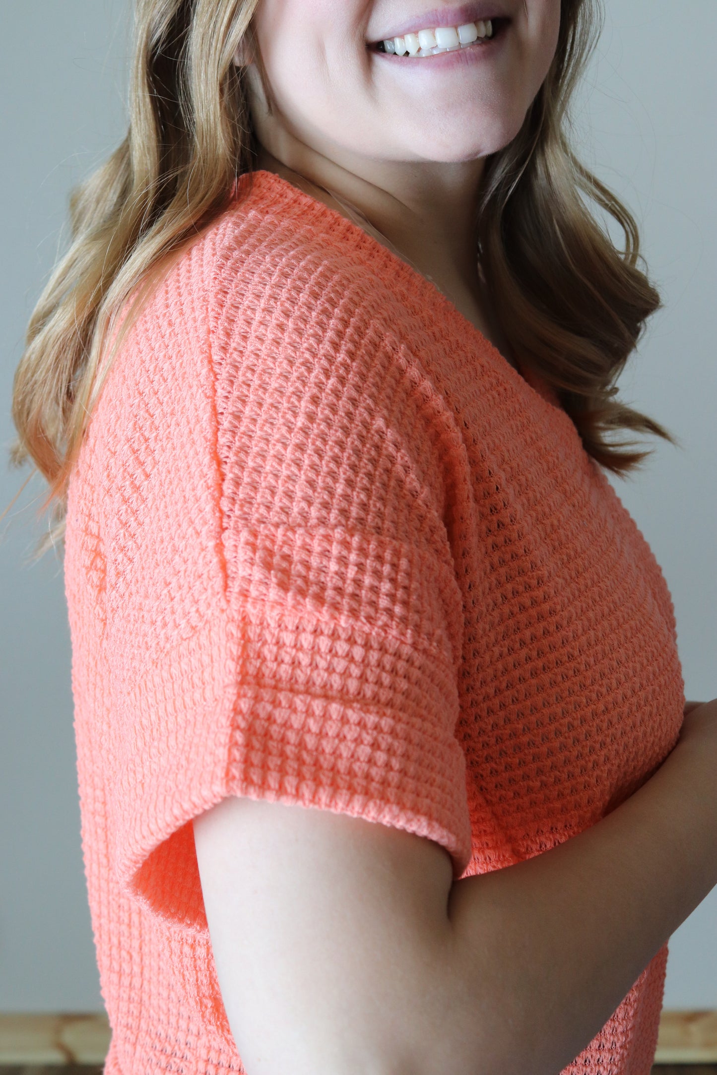Oversized Coral Waffle Knit Top