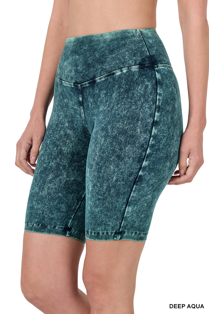 Deep Aqua Mineral Washed Biker Shorts