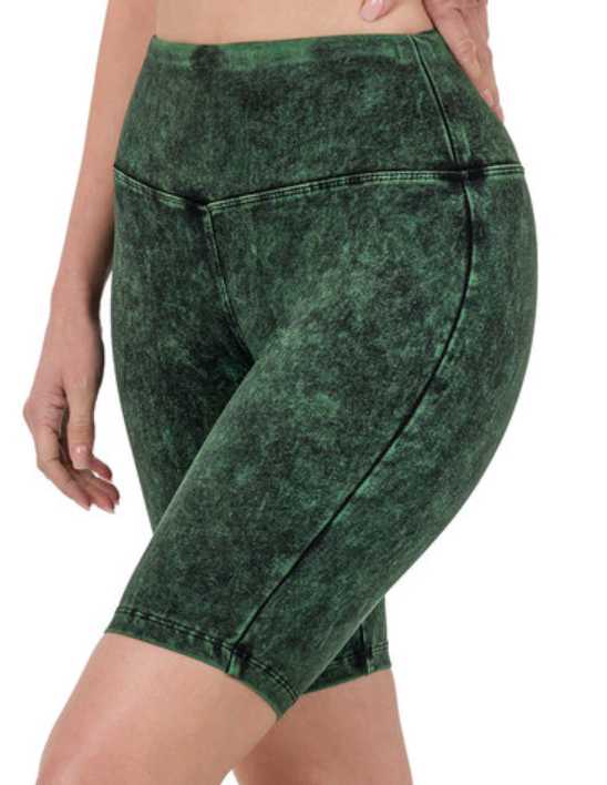 Army Green Mineral Washed Biker Shorts