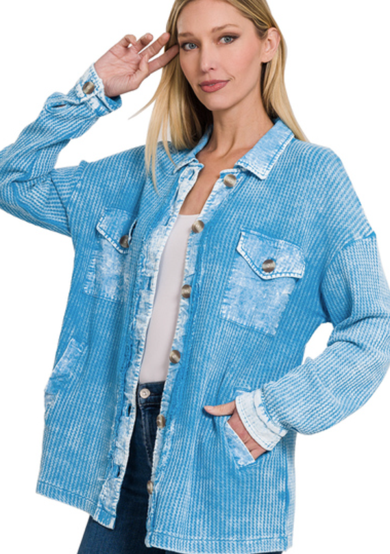 Sky Blue Washed Waffle Button Up