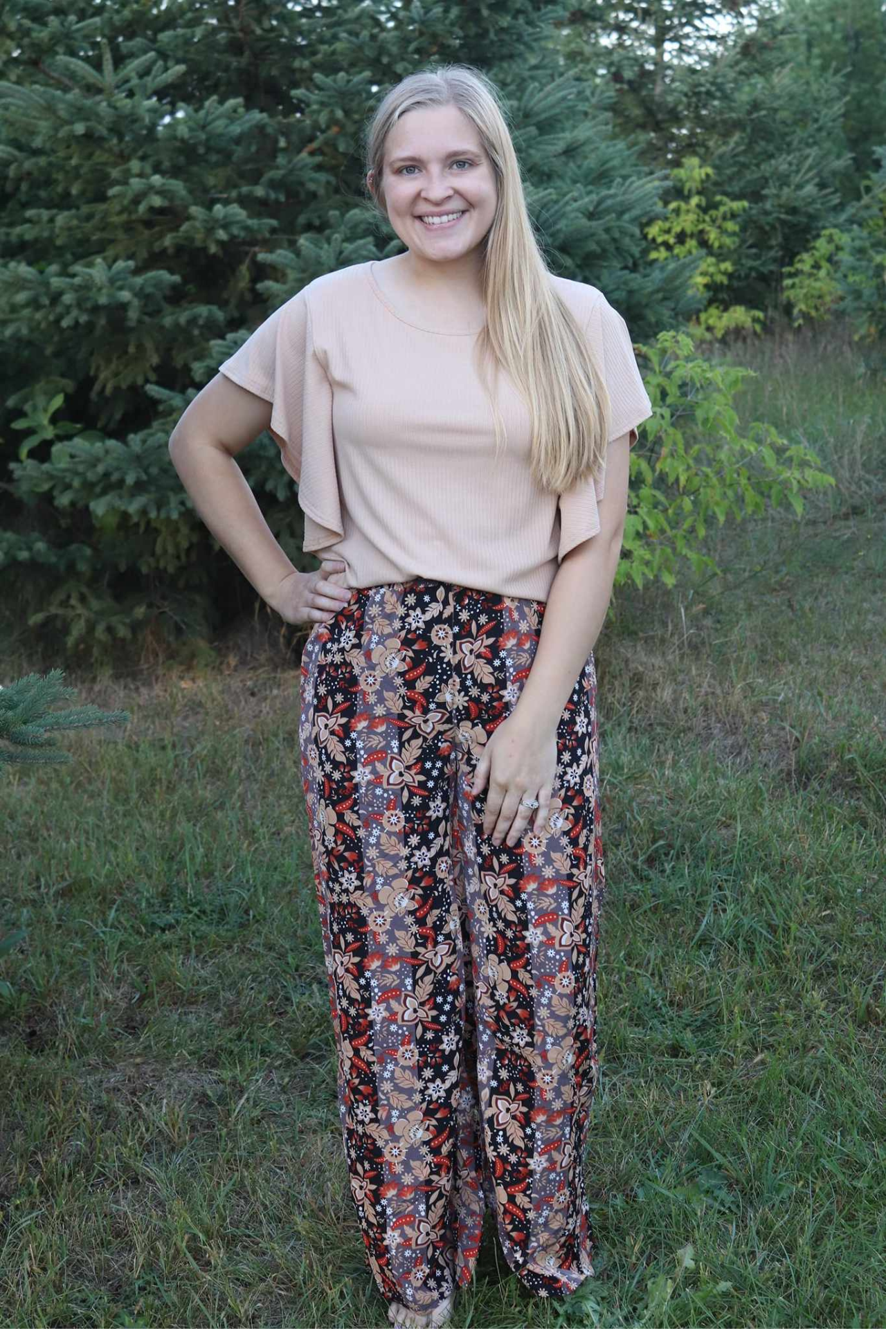 Striped Brown Floral Wide Leg Pants