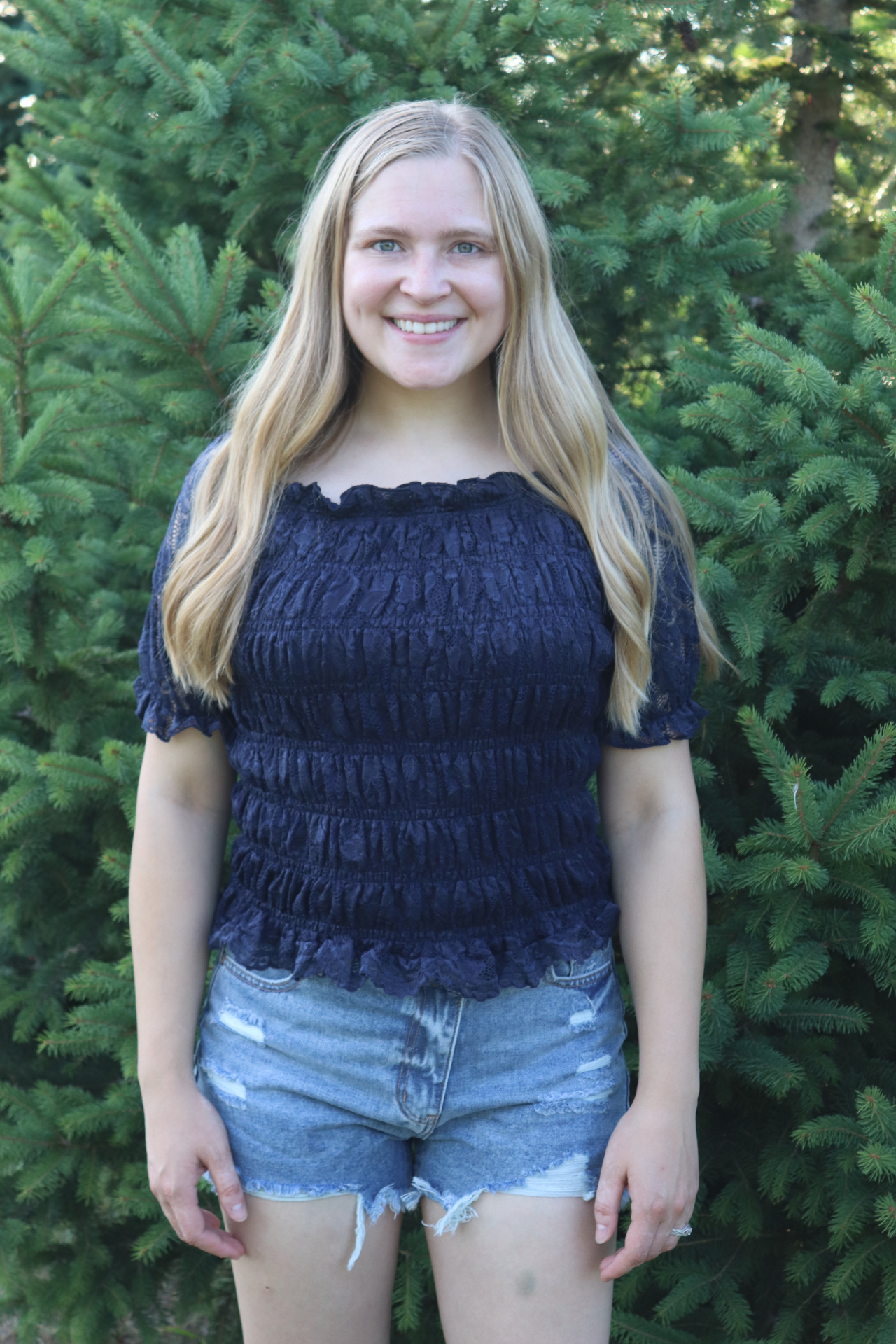 Navy Smocked Lace Top