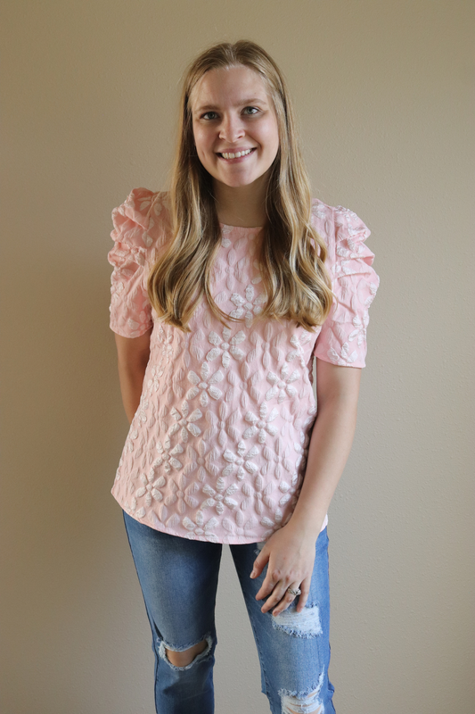 Pink Floral Bubble Sleeve Blouse