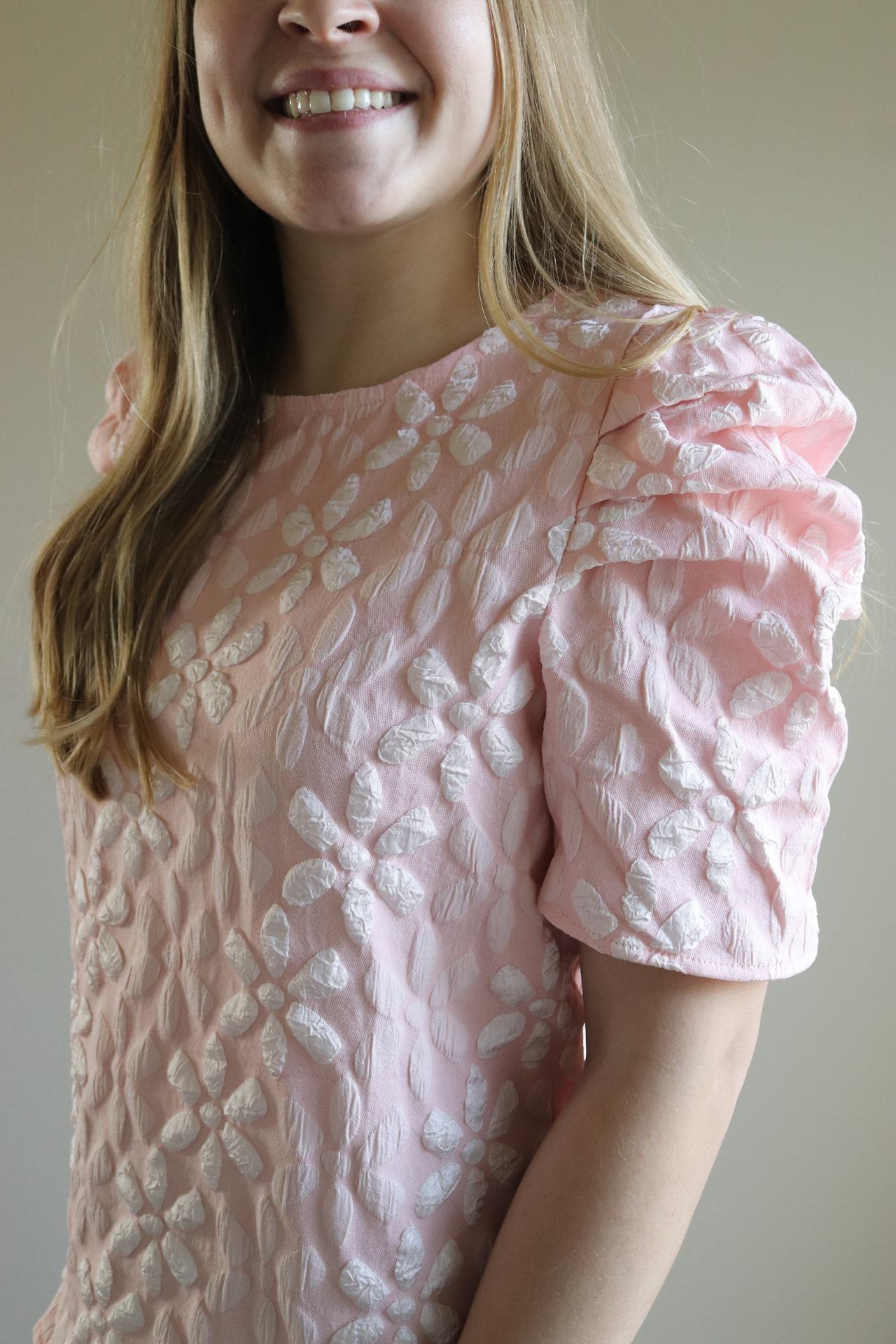 Pink Floral Bubble Sleeve Blouse