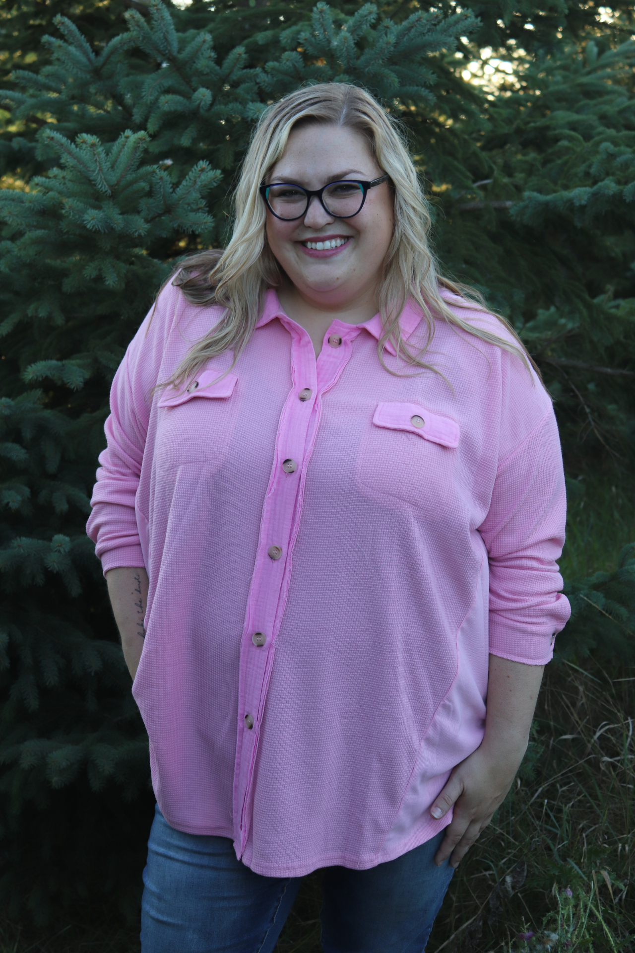 PLUS: Pink Waffle Knit Button Up