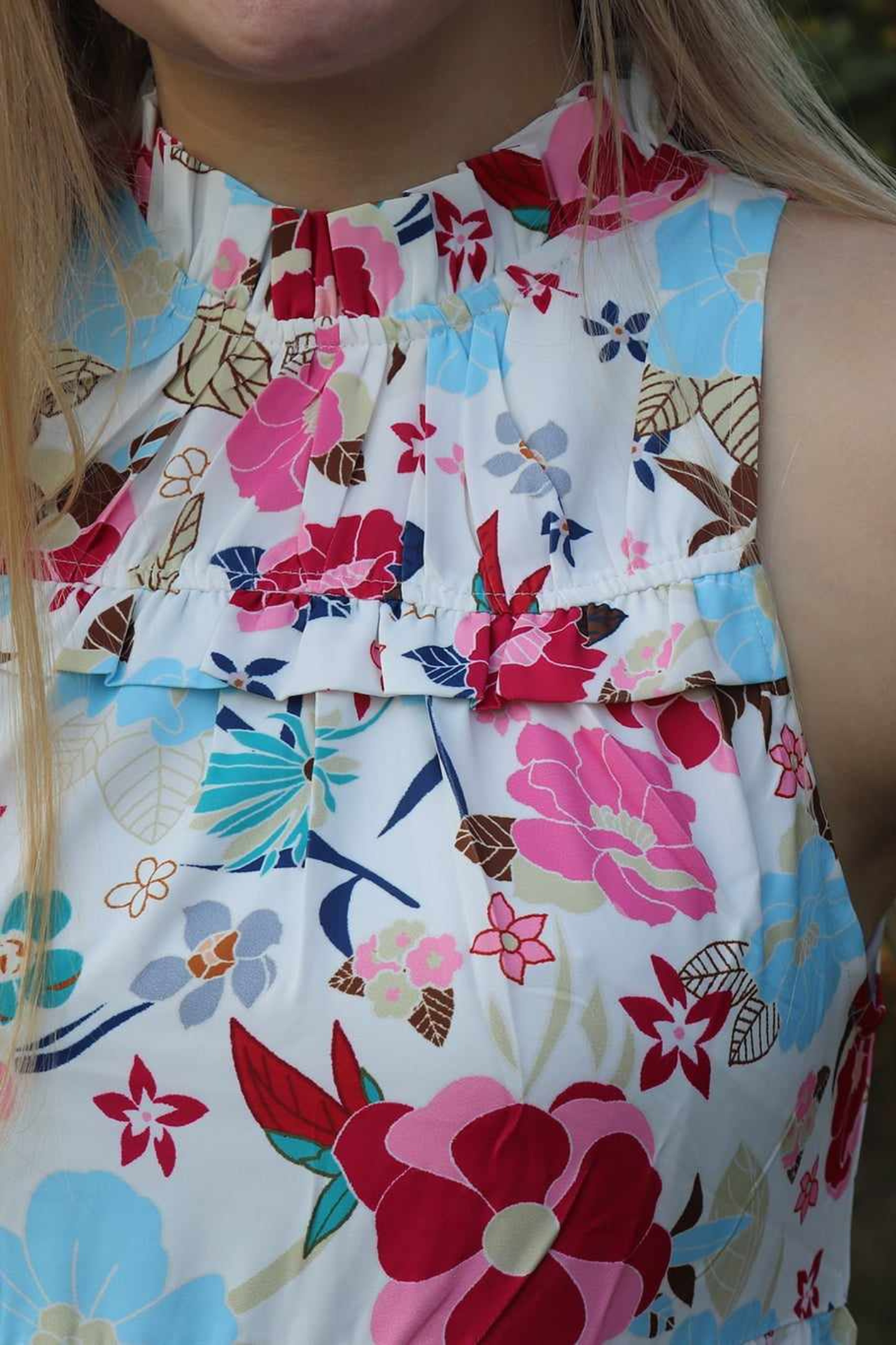 High Neck White Floral Sleeveless Dress