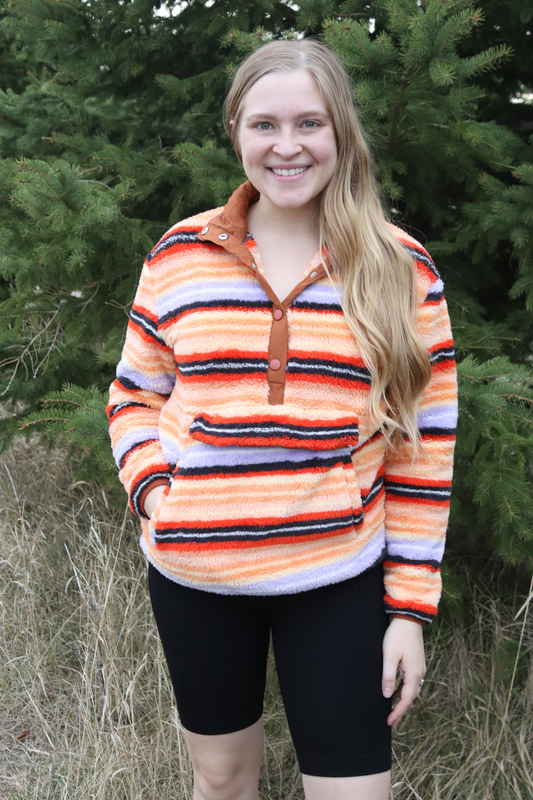 Orange Striped Sherpa Pullover