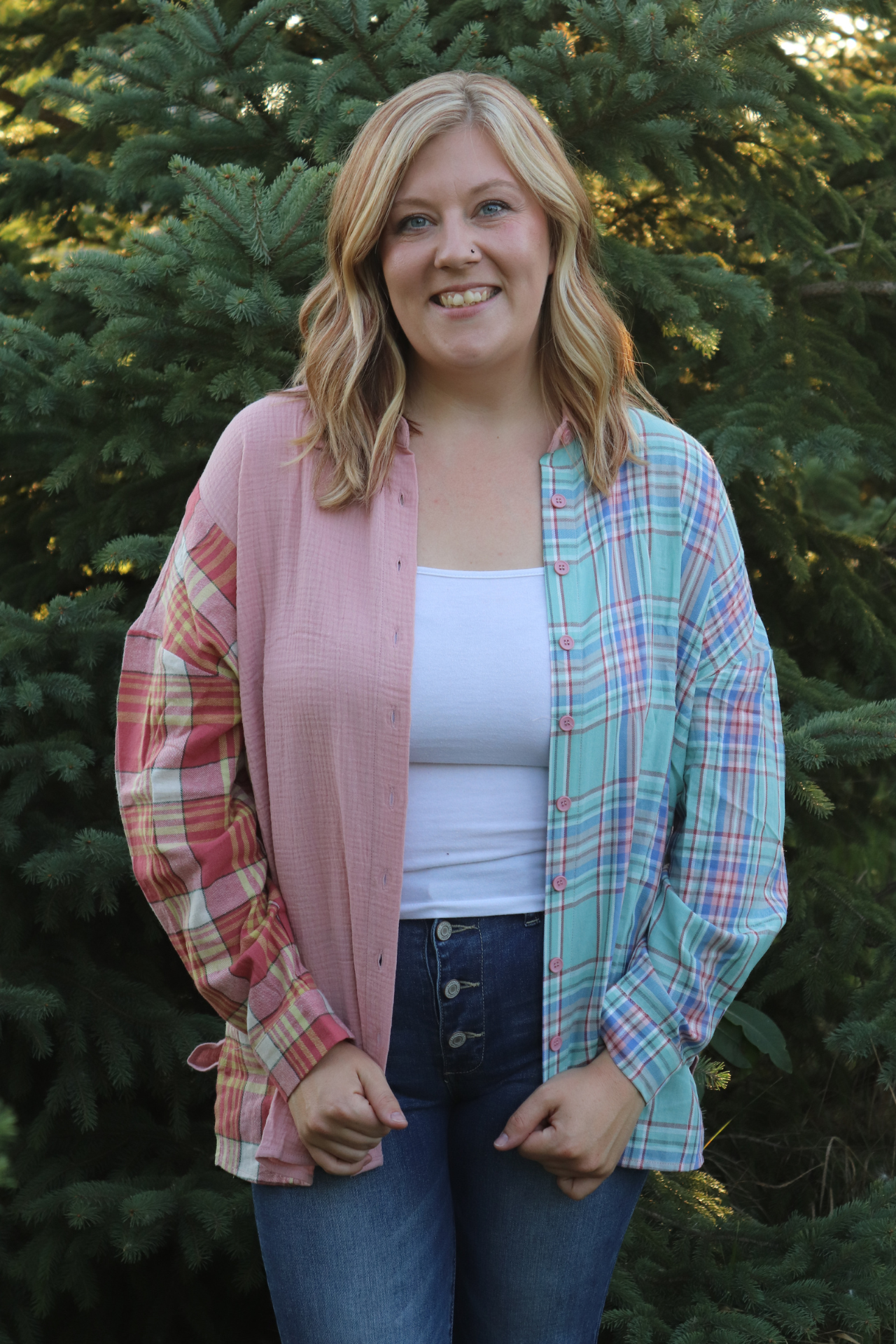 Pink Plaid Patchwork Button Up