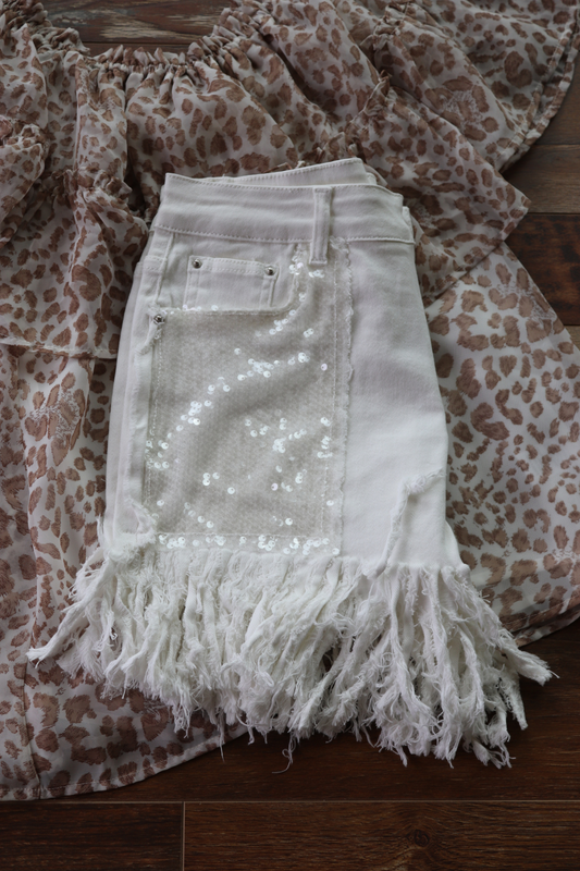 White Sequin Frayed Denim Shorts