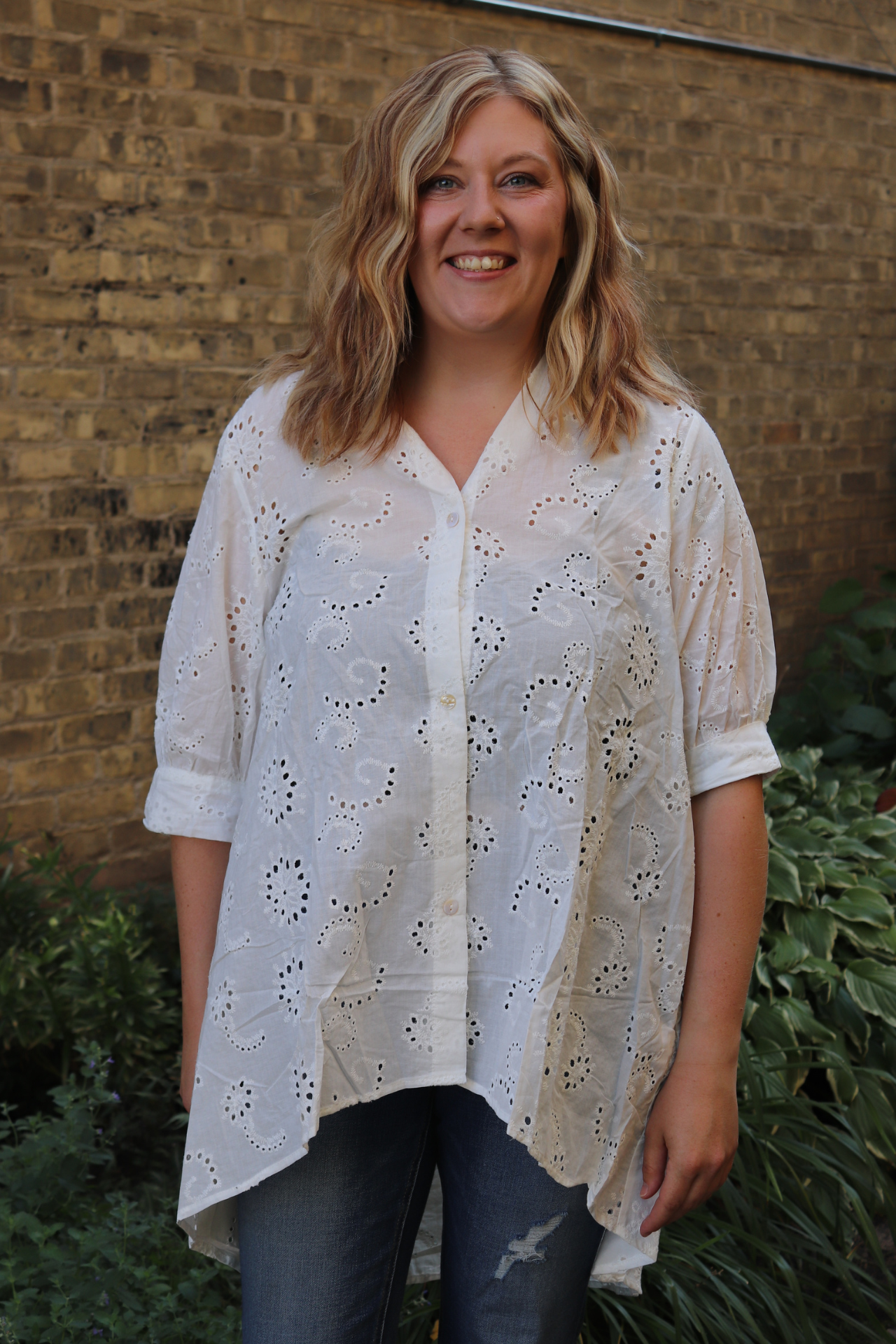 White Eyelet Button Up