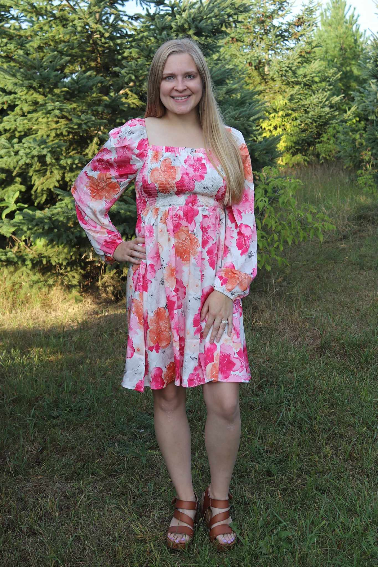 Pink/Orange Floral Long Sleeve Smocked Dress