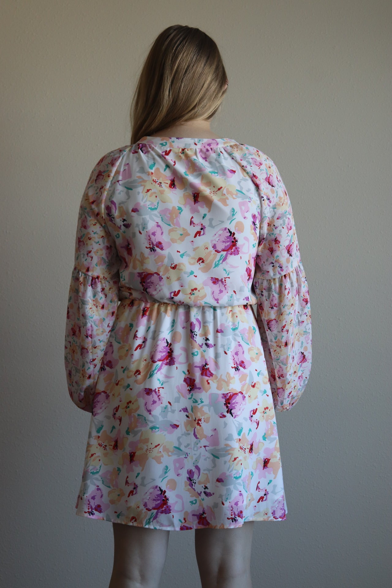 White Floral Bubble Sleeve Dress