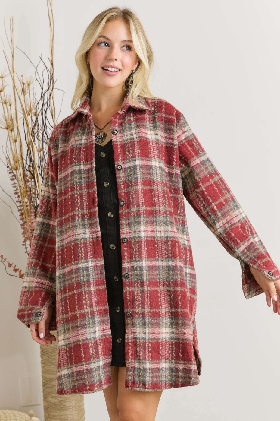 Red Long Plaid Shacket