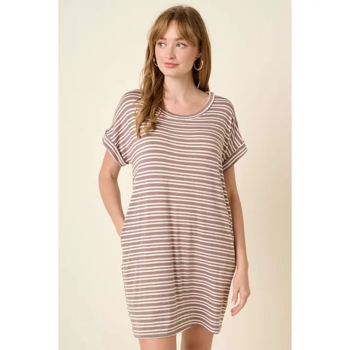 Taupe Striped Dolman T-shirt Dress