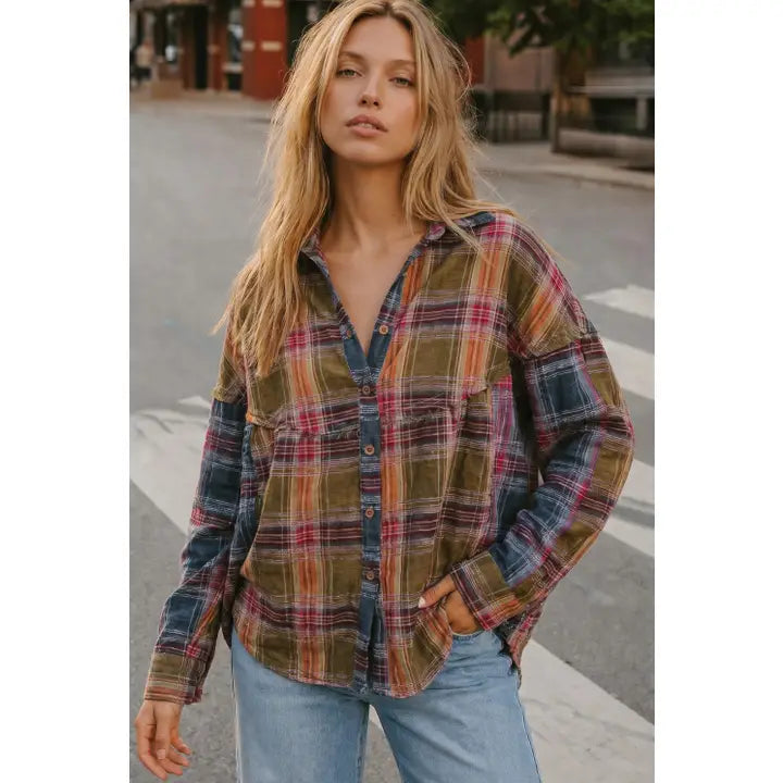 Olive Plaid Babydoll Top