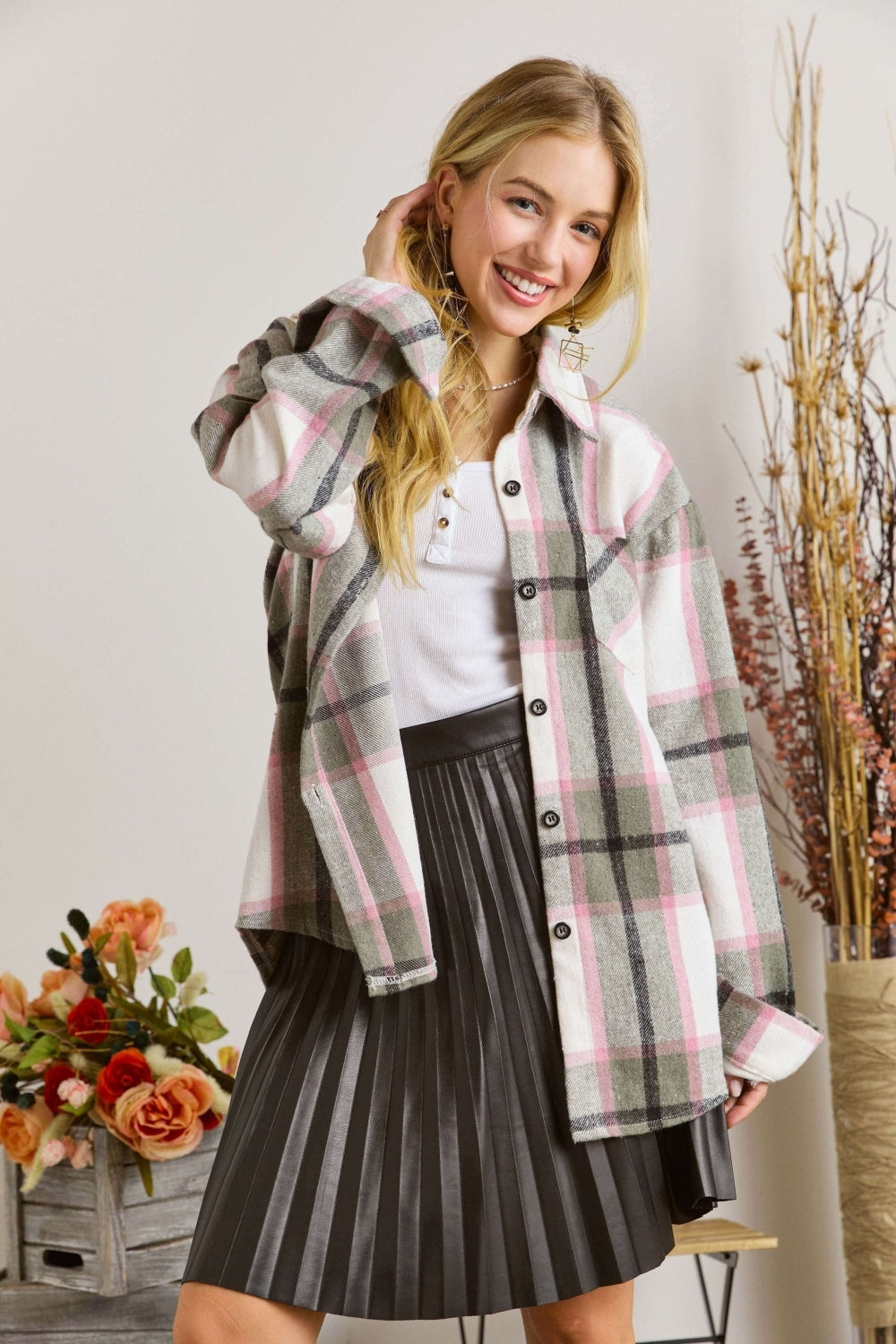Olive/Pink Plaid Shacket