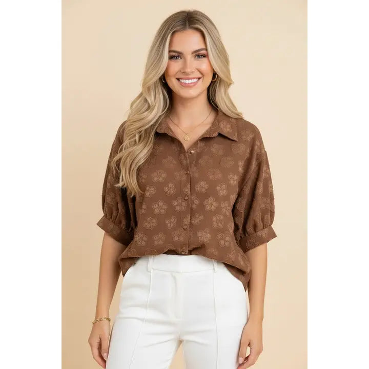 Brown Floral Textured Blouse