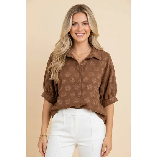Brown Floral Textured Blouse